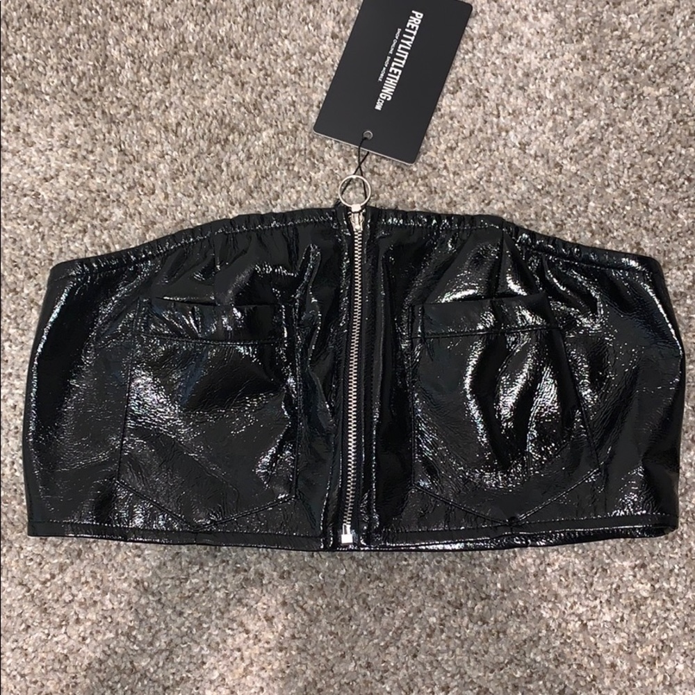 vinyl bandeau zip up top & straight legged pants